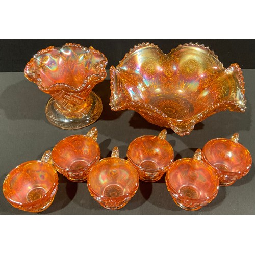 127 - An Imperial Fashion pattern marigold colour carnival glass bowl, vase and cups set