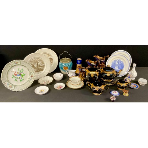 156 - Ceramics - graduated set of three copper lustre jugs,  Aynsley moustache cup, Mount Holyoak College ... 