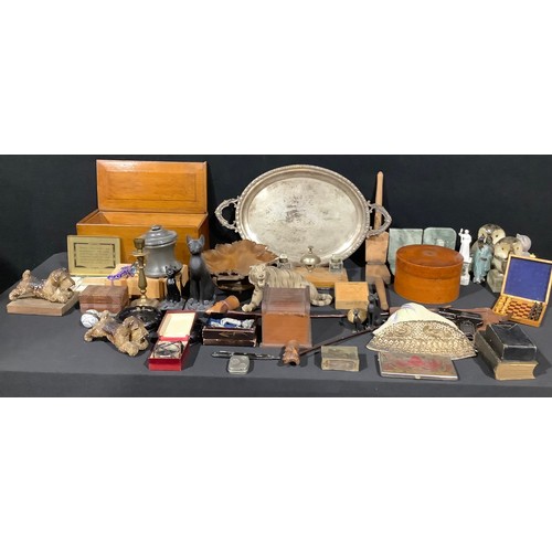 163 - Boxes and Objects - a pair of moss agate bookends; an early 20th century counter bell inkstand; a Bl... 