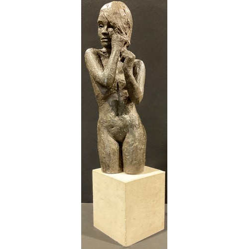 165 - A terracotta sculpture of a female nude, arranging her hair, textured bronze effect glaze, on a squa... 