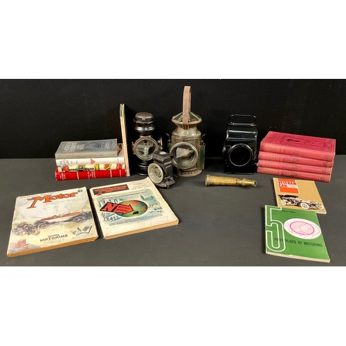 270 - An early 20th century Dekla black painted metal vehicle tail lamp, 22cm high; a mid 20th century rai... 