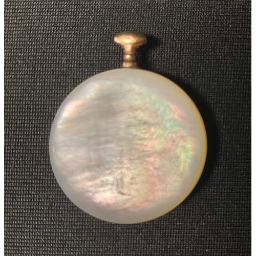 315 - An early 20th century French gold coloured metal mounted mother of pearl miniature fob or pocket wat... 