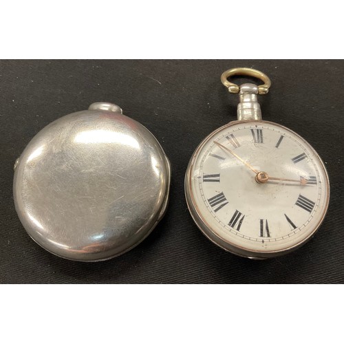 320 - A George III hallmarked silver pair cased verge pocket watch, white enamel dial, Roman numerals, the... 