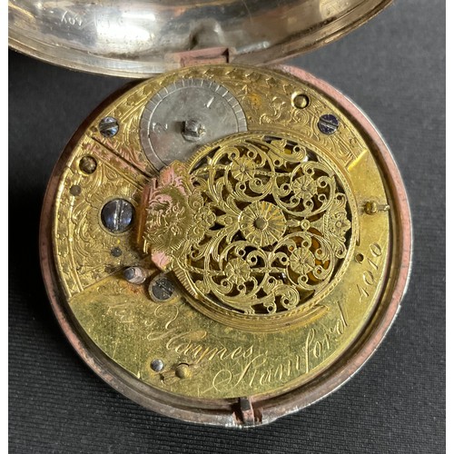 320 - A George III hallmarked silver pair cased verge pocket watch, white enamel dial, Roman numerals, the... 
