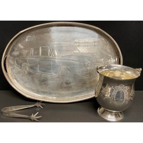 272 - A large silver plated tray, engraved with a Rolls Royce Shadow sitting proudly by a country house, 4... 