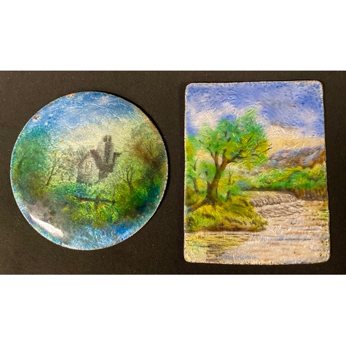 281 - A pair of Arts and Crafts copper and enamel plaques, decorated with painted landscapes, by H. Claire... 