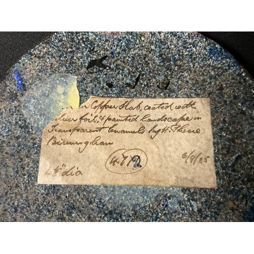 281 - A pair of Arts and Crafts copper and enamel plaques, decorated with painted landscapes, by H. Claire... 