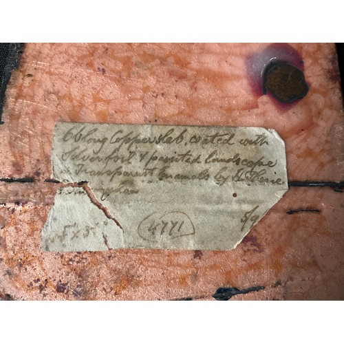 281 - A pair of Arts and Crafts copper and enamel plaques, decorated with painted landscapes, by H. Claire... 