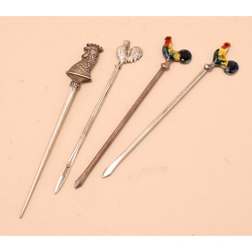 283 - A set of six Elizabeth II silver cocktail sticks or toothpicks, the terminals as cockerels, 7cm, Bir... 