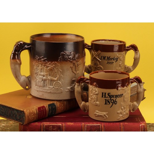 290 - A large Denby salt glazed mug, single greyhound handle, sprigged with George and the Dragon, Windmil... 