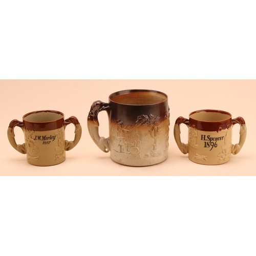 290 - A large Denby salt glazed mug, single greyhound handle, sprigged with George and the Dragon, Windmil... 