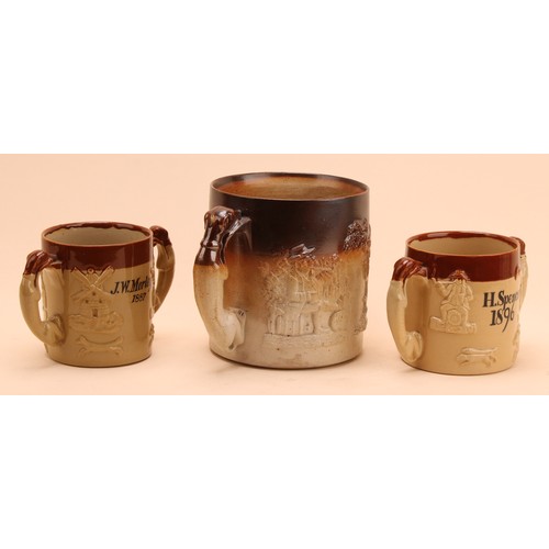 290 - A large Denby salt glazed mug, single greyhound handle, sprigged with George and the Dragon, Windmil... 