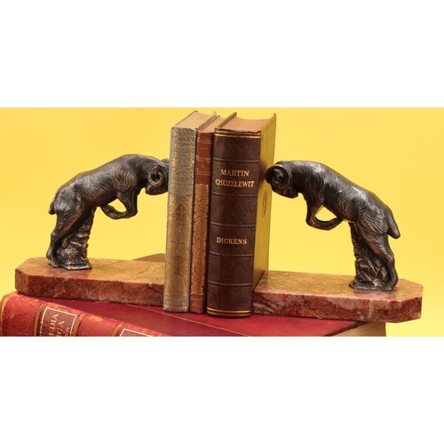 296 - H.Moreau (after), a pair of French Art Deco silvered and marble book ends, cast as a pair of leaping... 