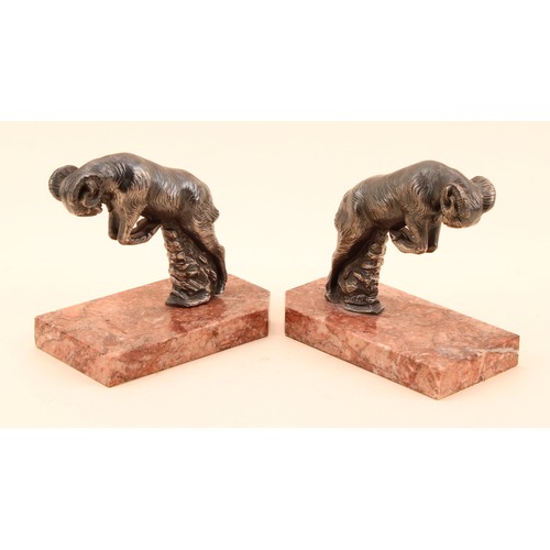 296 - H.Moreau (after), a pair of French Art Deco silvered and marble book ends, cast as a pair of leaping... 
