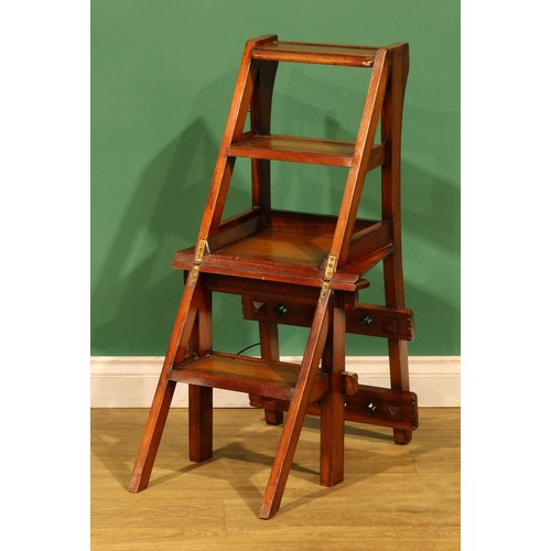 1 - An Arts & Crafts metamorphic library step chair, rectangular cresting and mid rail pierced with quat... 