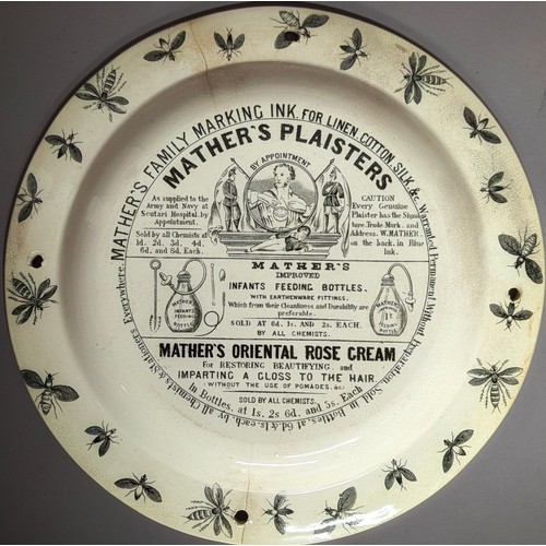 3032 - Advertising - a Victorian Staffordshire circular plate, Mather's Patent Fly Paper Plate, To Hold Mat... 