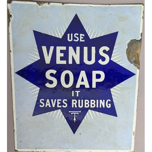 3036 - Advertising - an early 20th century double sided chair back enamel sign, Use Venus Soap, It Saves Ru... 