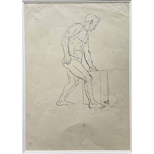 30 - Laurence Stephen Lowry (British, 1887-1976) 
Male study, leaning on a block, 
signed, ink sketch on ... 