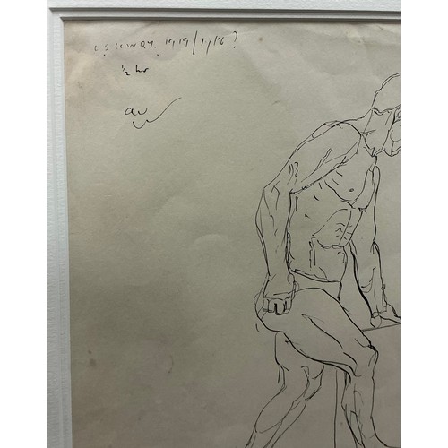 30 - Laurence Stephen Lowry (British, 1887-1976) 
Male study, leaning on a block, 
signed, ink sketch on ... 