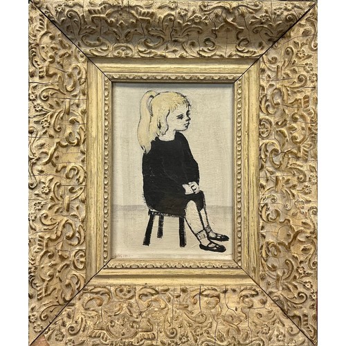 32 - In the style of L. S. Lowry
Girl sitting on a stool 
Oil on board, 17cm x 12cm.