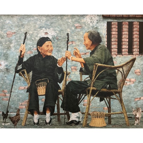 37 - S. W. Liou (Chinese, contemporary) 
In deep conversation 
signed, oil on canvas, 71cm x 90cm.
