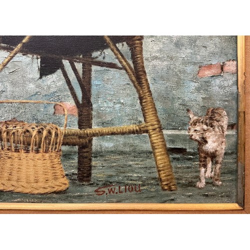 37 - S. W. Liou (Chinese, contemporary) 
In deep conversation 
signed, oil on canvas, 71cm x 90cm.