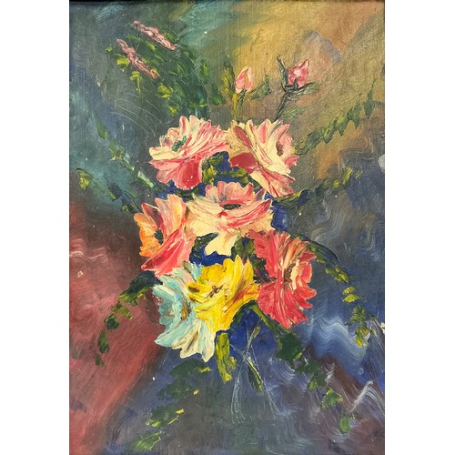 7 - British school (possibly by Reggie Kray (1933-2000)) 
Floral study 
inscription to verso, oil on boa... 