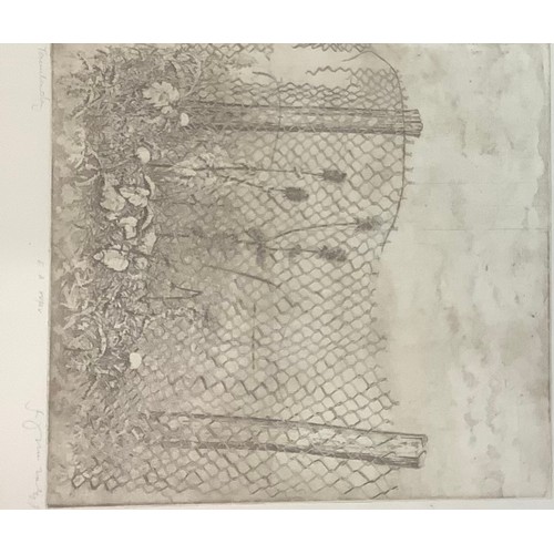 4 - Soviet School (20th century), Wire Fence with Thistles, indistinctly signed, dry-point etching, 29cm... 