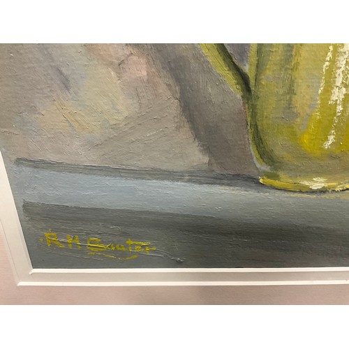 14 - Rudolf Helmut Sauter (British, 1895- 1977) 
Roses in a Yellow Jug 
signed, oil on board, 30cm x 24cm... 