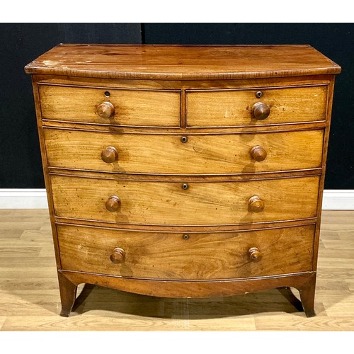 6 - An early Victorian mahogany bowfront chest, of two short and three long drawers, 102cm high, 103.5cm... 