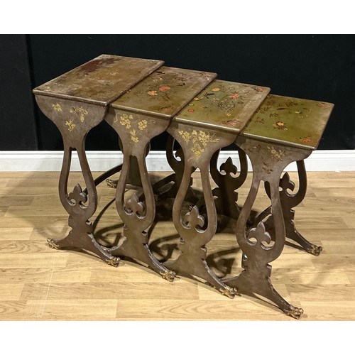 13 - A set of Chinese export gilt and polychrome decorated lacquer quartetto tables, rectangular tops, pi... 