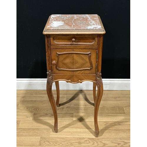 15 - A Louis XV Revival rouge marble inset kingwood bedroom night table, one small drawer above quarter v... 