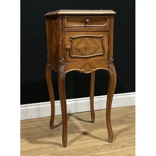 15 - A Louis XV Revival rouge marble inset kingwood bedroom night table, one small drawer above quarter v... 