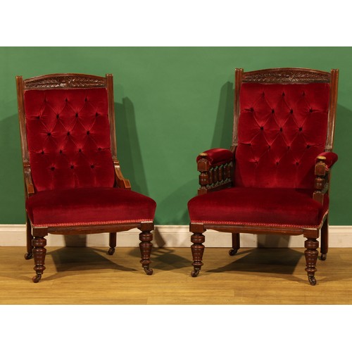 101 - A late Victorian/Edwardian mahogany four-piece salon suite, comprising ‘his and hers’ chairs and a p... 