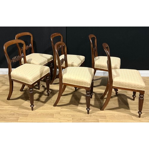 102 - A set of six Victorian mahogany dining chairs, each mid-rail carved with leaves, stuffed-over seat, ... 