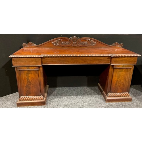 104 - An early Victorian mahogany twin pedestal sideboard or serving table, 121cm high, 221cm wide, 61.5cm... 