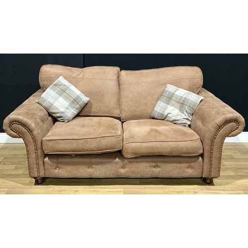 107 - A contemporary DFS sofa, scroll arms, turned bun feet, 73cm high x 190cm x 96cm