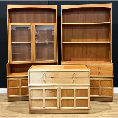 111 - A retro mid-20th century teak open library bookcase, by Nathan; another, similar, glazed; a low side... 