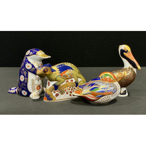 24 - A Royal Crown Derby paperweight, Chameleon, silver stopper, 9cm high, printed mark; others, Teal, Br... 