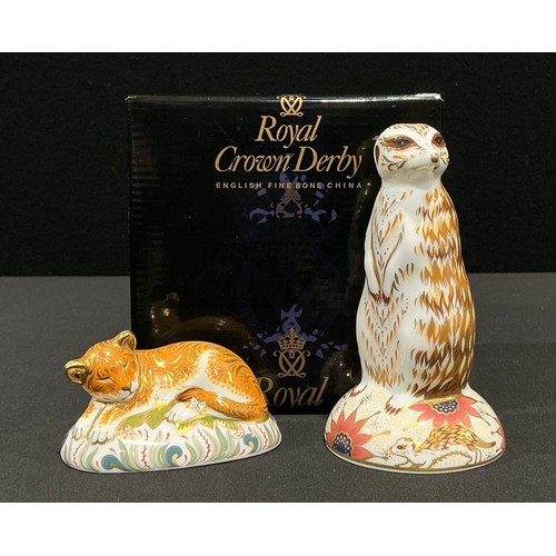 35 - A Royal Crown Derby paperweight, Meerkat, gold stopper, 14cm, printed mark in red, boxed; another, L... 