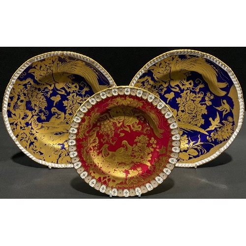 61 - A pair of Royal Crown Derby Aves pattern plates, applied with tooled raised gilt Asiatic Pheasants o... 