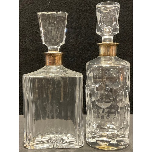 73 - A continental 925 silver mounted cut glass decanter and stopper, rectangular faceted form;  another ... 