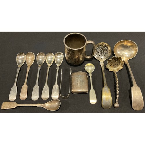 76 - A George V silver cup, inscribed SR 1915, 7cm high overall, Chester 1913; a silver vesta case, indis... 