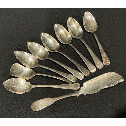 84 - Flatware - a set of six George IV silver teaspoons, John Kerschner, London 1809;  fish knife, Thomas... 