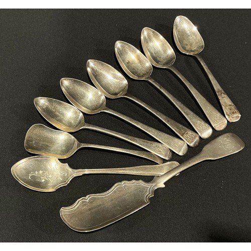 84 - Flatware - a set of six George IV silver teaspoons, John Kerschner, London 1809;  fish knife, Thomas... 