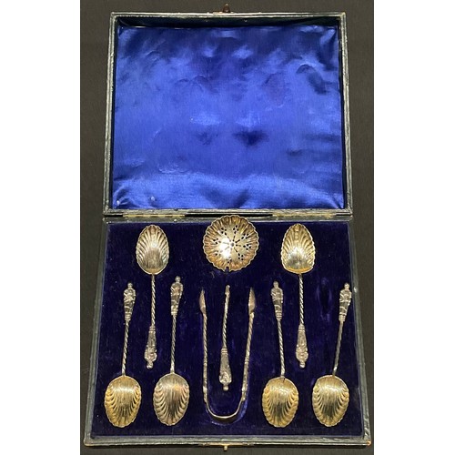 97 - An Edwardian silver Apostle spoon tea set, scalloped bowls, the sugar bows 9cm long, Birmingham 1902... 