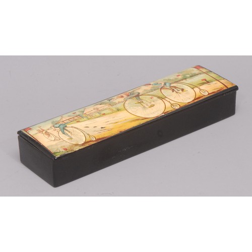 5051 - Cycling - a late 19th century papier mache pen box, the hinged cover lithograph printed with a cycle... 