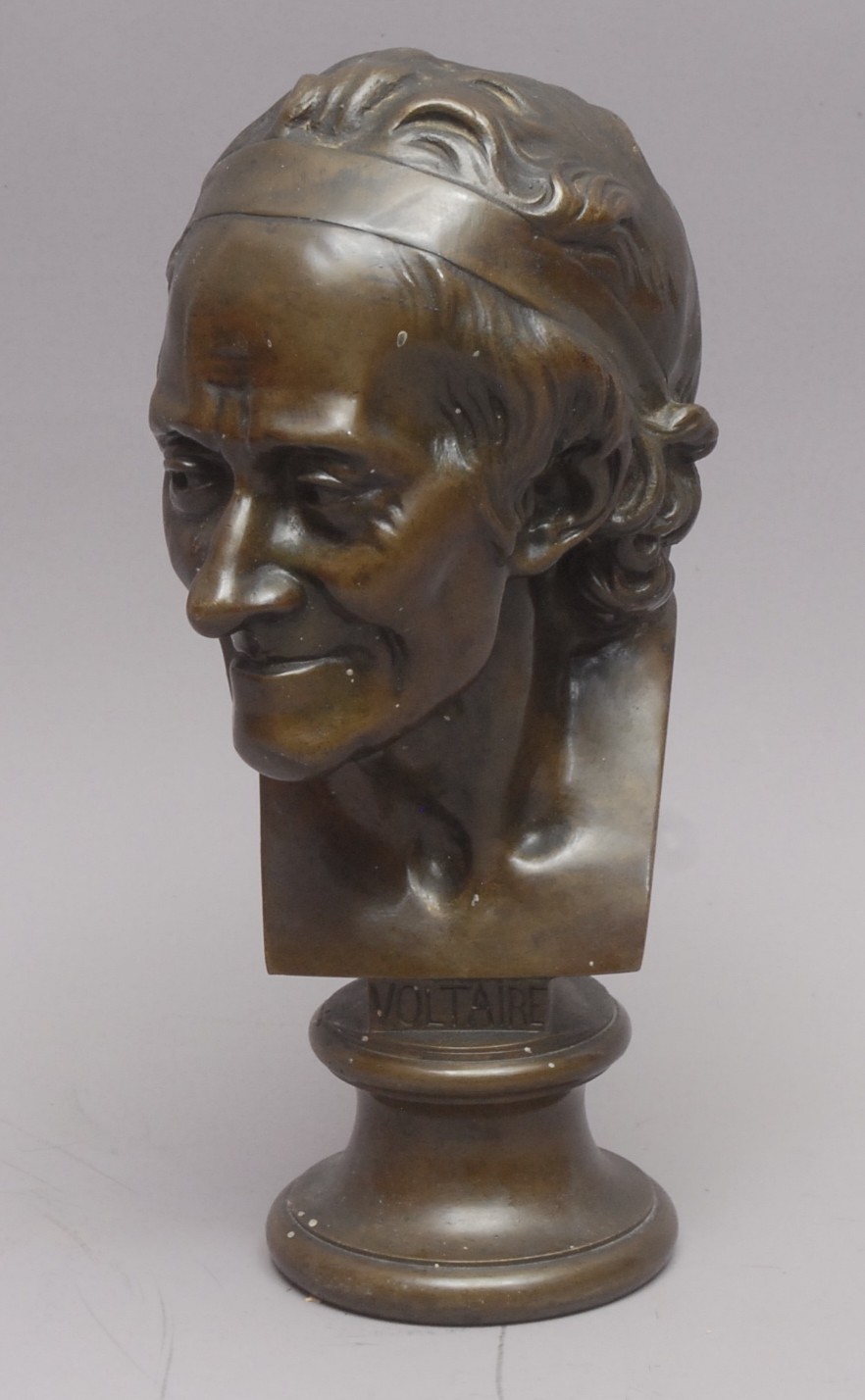 A 19th century patinated bronze library bust of Voltaire, after Houdon ...