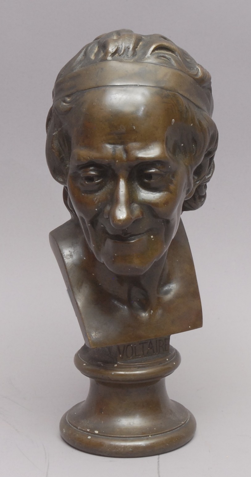 A 19th century patinated bronze library bust of Voltaire, after Houdon ...
