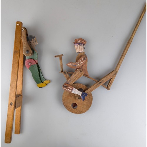 7346 - Juvenalia - an early 20th century stripped farmhouse pine child’s push along horse, sheep’s wool man... 